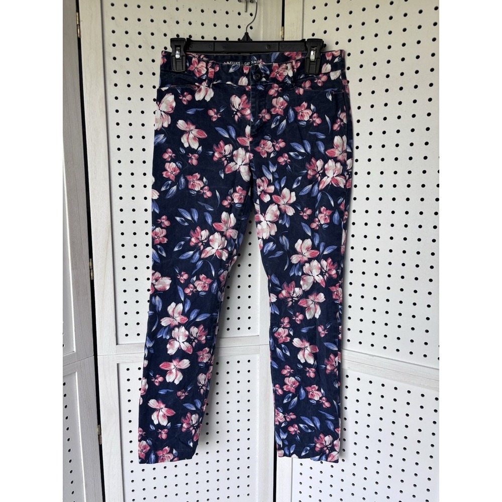 Khakis by Gap Women's 0R Slim City Floral Ankle Chino Pants Cropped Blue Pink